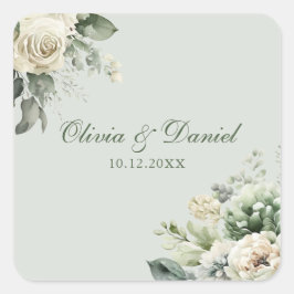 Soft Sage Green Floral Wedding Sticker スクエアシール