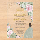 Soft Sage Green Pink Floral Gold Quinceañera アクリル招待状 (正面)