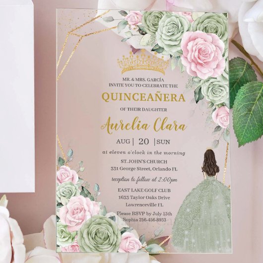 Soft Sage Green Pink Floral Gold Quinceañera アクリル招待状