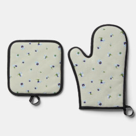 Soft Sage Japanese Blue Pansy Floral Pattern 鍋つかみ&鍋敷きセット