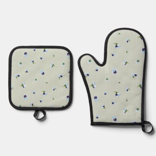 Soft Sage Japanese Blue Pansy Floral Pattern 鍋つかみ&鍋敷きセット (正面)