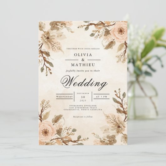 Soft Sepia Bloom Accent Wedding 招待状 (スタンド正面)
