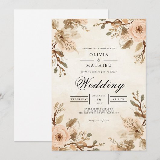 Soft Sepia Bloom Accent Wedding 招待状 (正面/裏面)