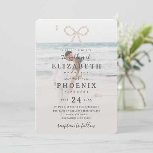 Soft Simple Pearl Bow Custom Photo Elegant Wedding 招待状 (スタンド正面)