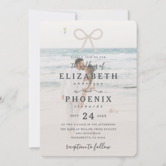 Soft Simple Pearl Bow Custom Photo Elegant Wedding 招待状 (正面)