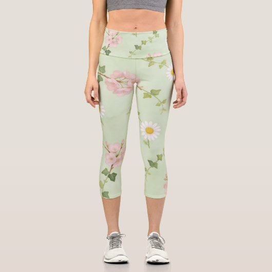 Soft Spring Blossom & Daisy Patterned Leggings カプリレギンス (正面)