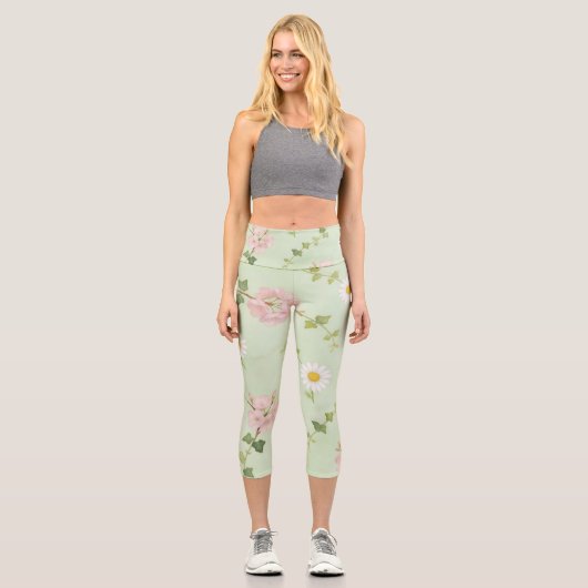 Soft Spring Blossom & Daisy Patterned Leggings カプリレギンス (正面)
