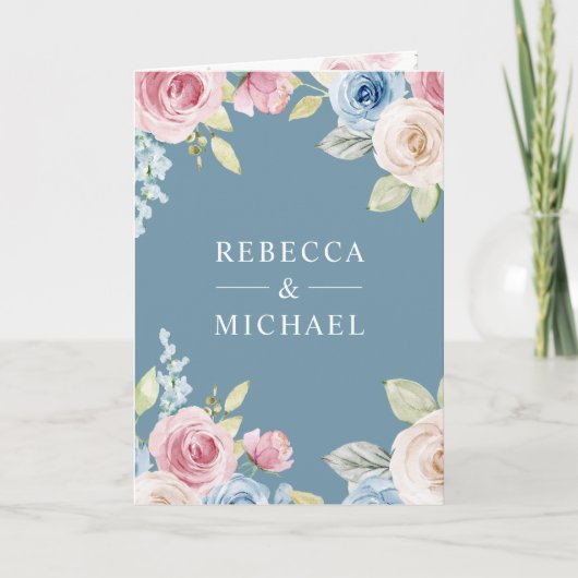 Soft Spring Floral Dusty Blue QR Code Wedding 招待状 (正面)