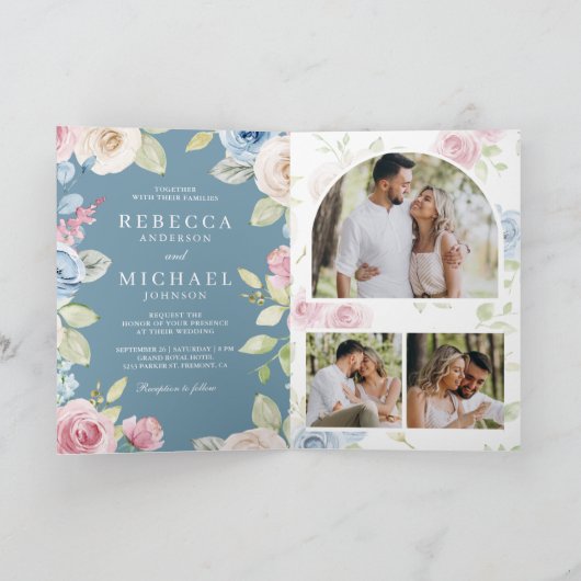 Soft Spring Floral Dusty Blue QR Code Wedding 招待状 (内部)