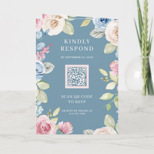 Soft Spring Floral Dusty Blue QR Code Wedding 招待状 (裏面)