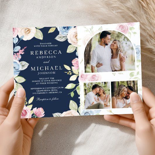 Soft Spring Floral Navy Blue QR Code Wedding 招待状