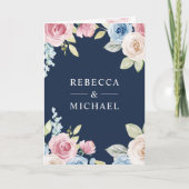 Soft Spring Floral Navy Blue QR Code Wedding 招待状 (正面)