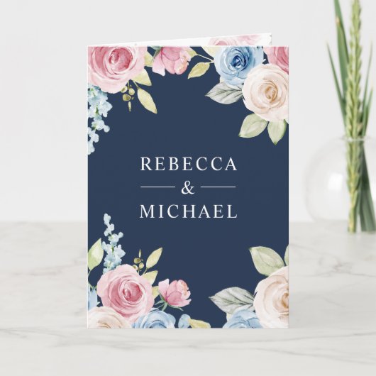 Soft Spring Floral Navy Blue QR Code Wedding 招待状 (正面)