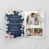 Soft Spring Floral Navy Blue QR Code Wedding 招待状 (内部)