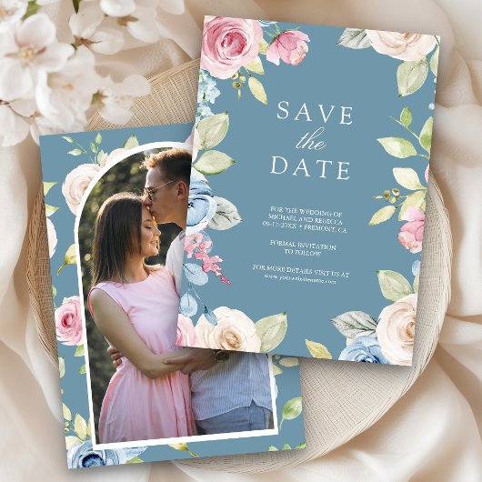 Soft Spring Floral Photo Dusty Blue Wedding セーブザデート