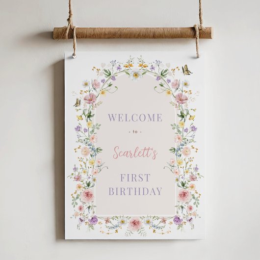 Soft Spring Wildflower First Birthday Welcome ポスター