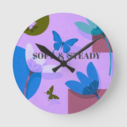 Soft & Steady Floral Butterfly Wall Clock ラウンド壁時計 (正面)