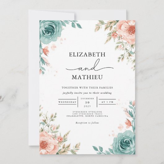 Soft Teal Blush Floral Arch Wedding 招待状 (正面)