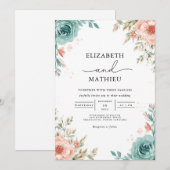 Soft Teal Blush Floral Arch Wedding 招待状 (正面/裏面)