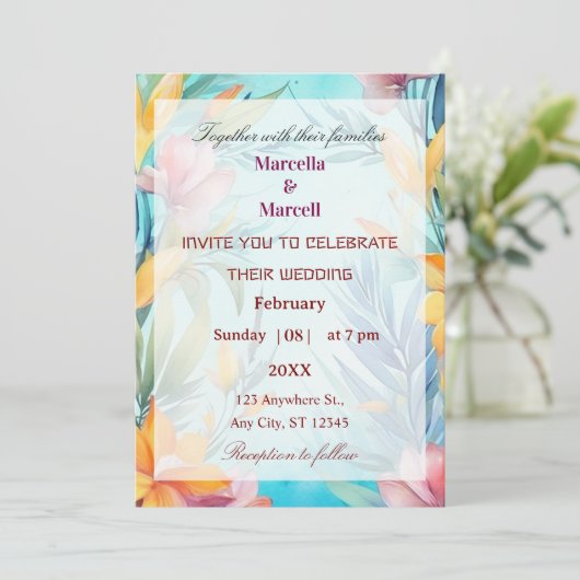 Soft Teal Watercolor Floral Frame 招待状 (スタンド正面)