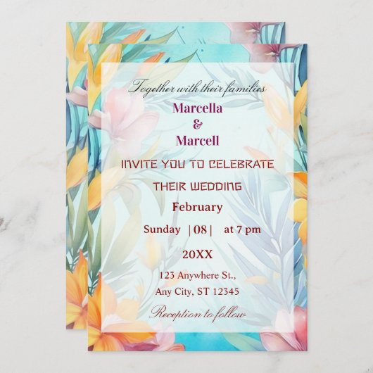 Soft Teal Watercolor Floral Frame 招待状 (正面/裏面)