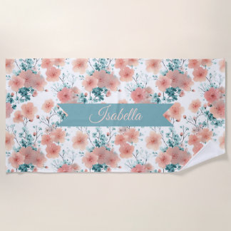 Soft Vintage Spring Pink Floral Personalized ビーチタオル