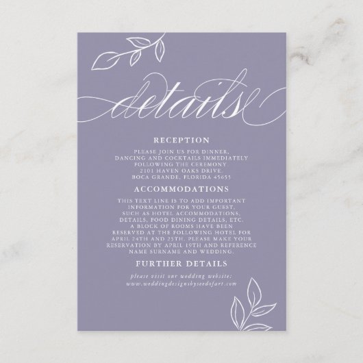 Soft Violet ミニマル Leaf QRコードの結婚詳細 エンクロージャーカード (正面)