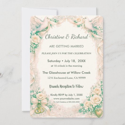 Soft & Warm Doves Pastel Wedding 招待状 (正面)