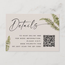 Soft Warm Taupe Fern Wedding Details. Botanical QR