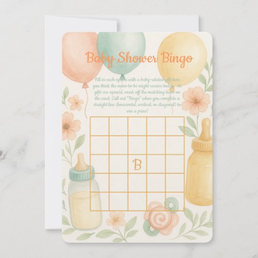 Soft Watercolor Baby Shower Bingo Card  招待状 (正面)