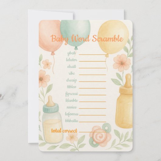 Soft Watercolor Baby Shower Word Scramble Game 招待状 (正面)