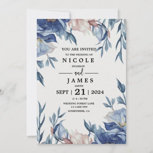 Soft Watercolor Blue Floral 招待状 (正面)