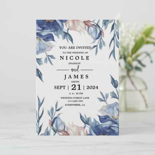 Soft Watercolor Blue Floral 招待状 (スタンド正面)
