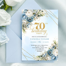 Soft watercolor blue florals gold 70th birthday  招待状