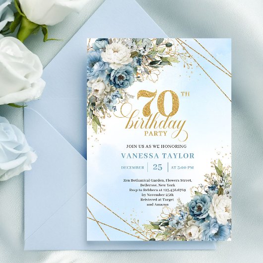 Soft watercolor blue florals gold 70th birthday  招待状