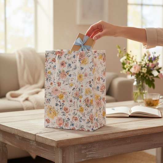 Soft Watercolor Floral Botanical Pattern ミディアムペーパーバッグ