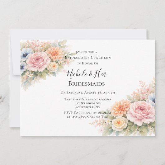 Soft Watercolor Floral Bridesmaids Luncheon 招待状 (正面)