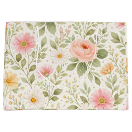 Soft Watercolor Floral Pattern – Pink Rose & Daisy ラージペーパーバッグ