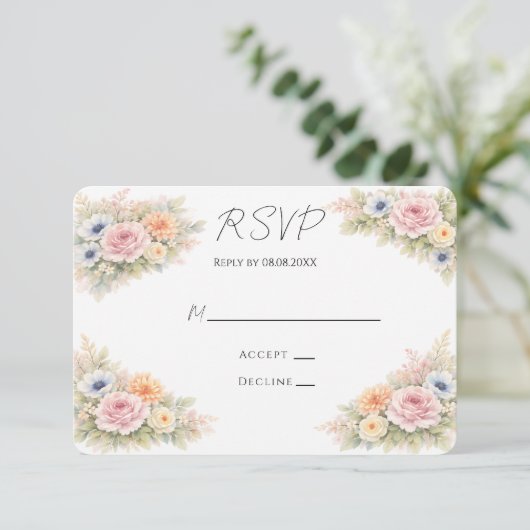 Soft Watercolor Floral Wedding 出欠カード (スタンド正面)