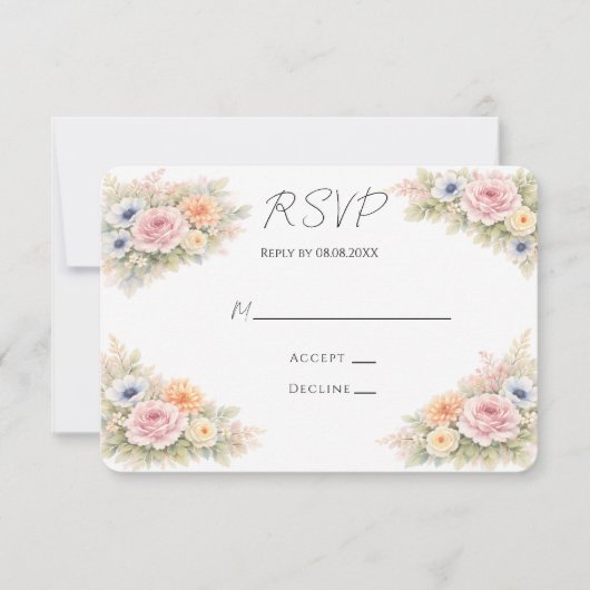 Soft Watercolor Floral Wedding 出欠カード (正面)