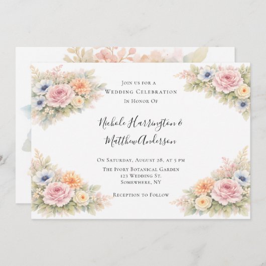 Soft Watercolor Floral Wedding Celebration 招待状 (正面/裏面)