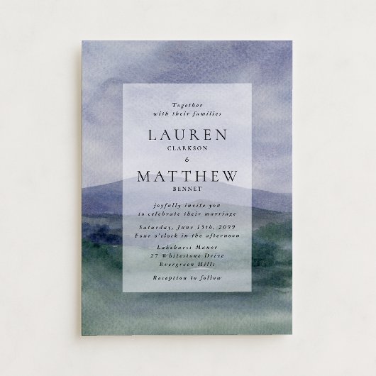 Soft Watercolor Mountain Landscape Wedding 招待状