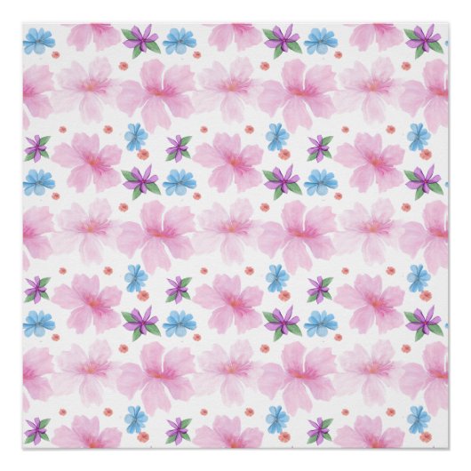 Soft Watercolor Pink Floral Pattern |  ポスター (正面)