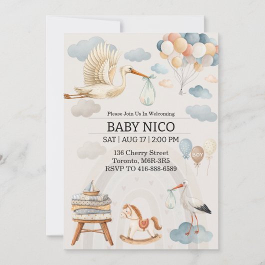 Soft Watercolor Stork Baby Shower Invitation 招待状 (正面)