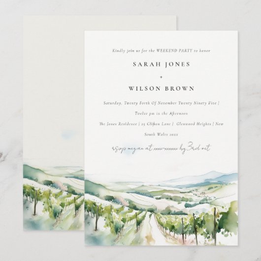 Soft Watercolor Vineyard Landscape Weekend Party 招待状 (正面/裏面)