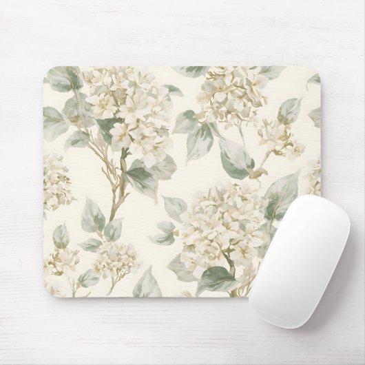 Soft White Hydrangea Floral Pattern マウスパッド (マウス)