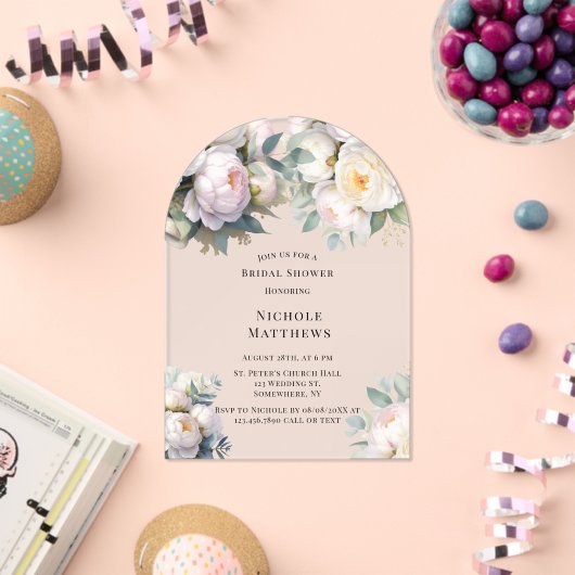 Soft White Peony with Eucalyptus Bachelorette アクリル招待状 (インサイチュ (お祝い))