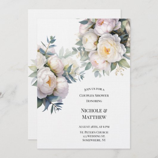 Soft White Peony with Eucalyptus Couples Shower 招待状 (正面/裏面)