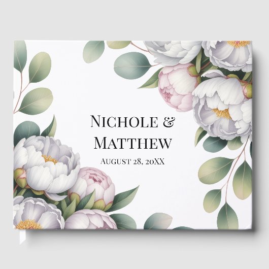 Soft White Peony with Eucalyptus Leaves Wedding ゲストブック (正面)