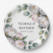 Soft White Peony with Eucalyptus Leaves Wedding ペーパープレート (正面)